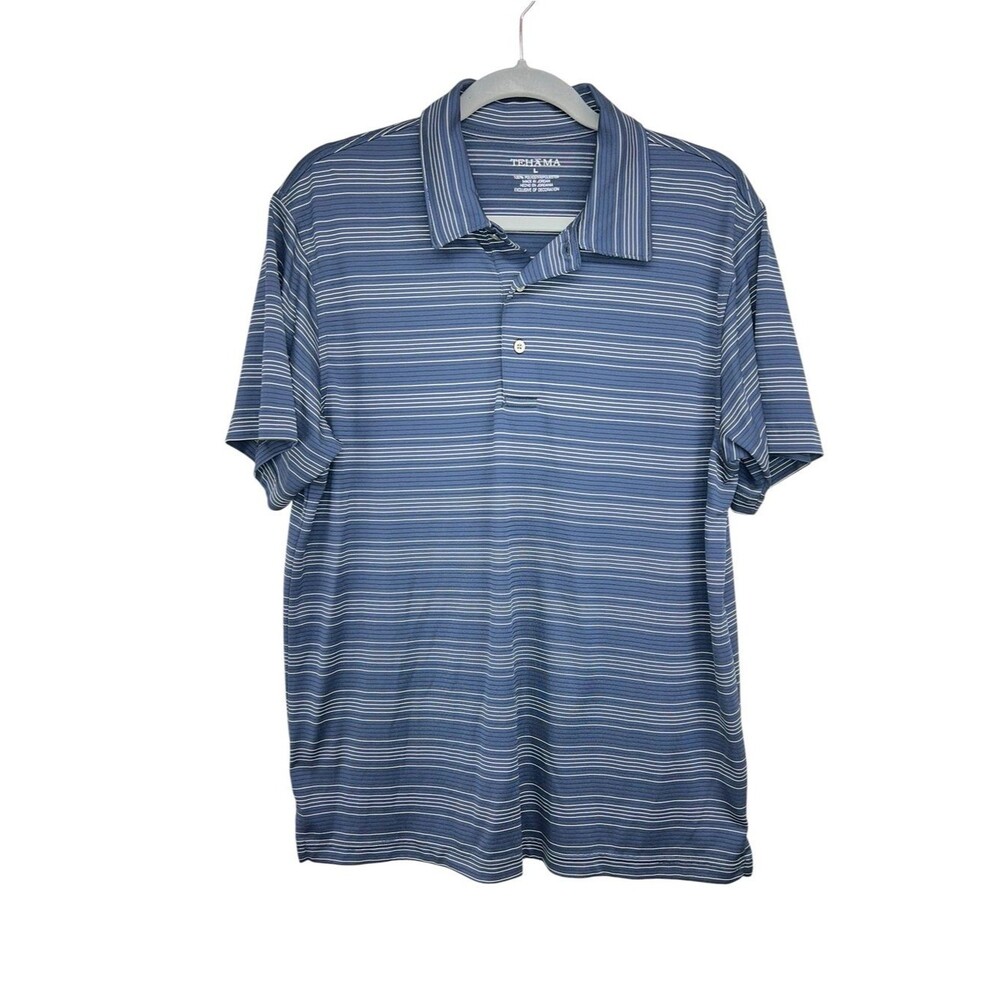 Tehama Navy Gray Striped Short Sleeve Performance Polo Mens Large